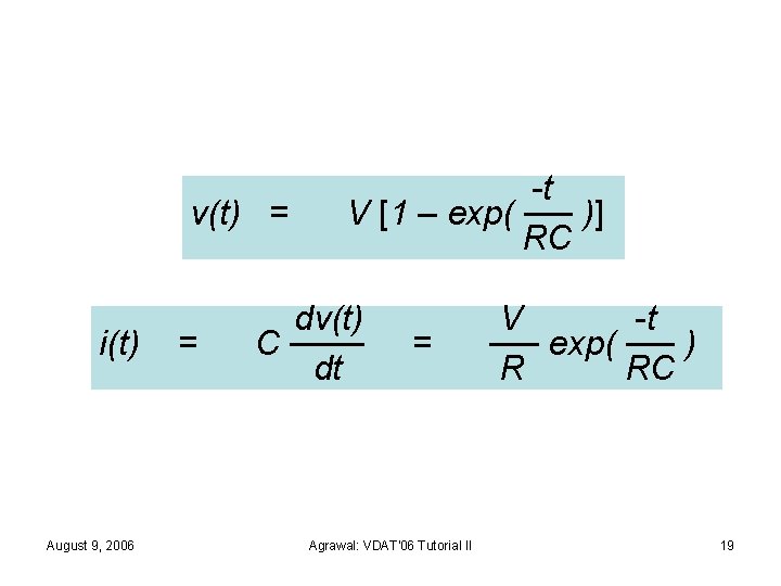 v(t) = i(t) August 9, 2006 = -t V [1 – exp( ── )]