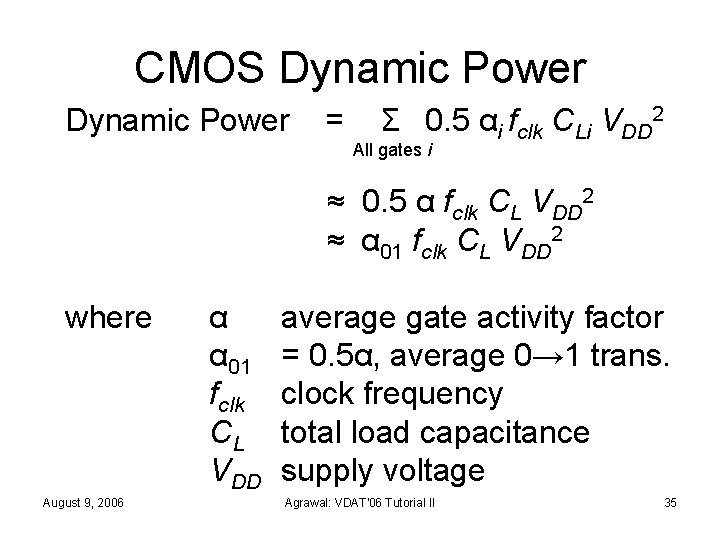 CMOS Dynamic Power = Σ 0. 5 αi fclk CLi VDD 2 All gates