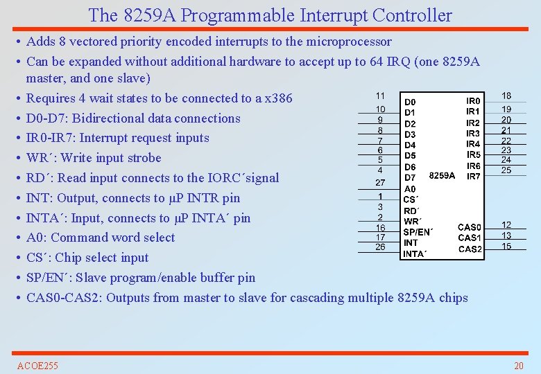 The 8259 A Programmable Interrupt Controller • Adds 8 vectored priority encoded interrupts to