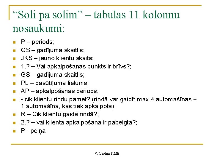 “Soli pa solim” – tabulas 11 kolonnu nosaukumi: n n n P – periods;