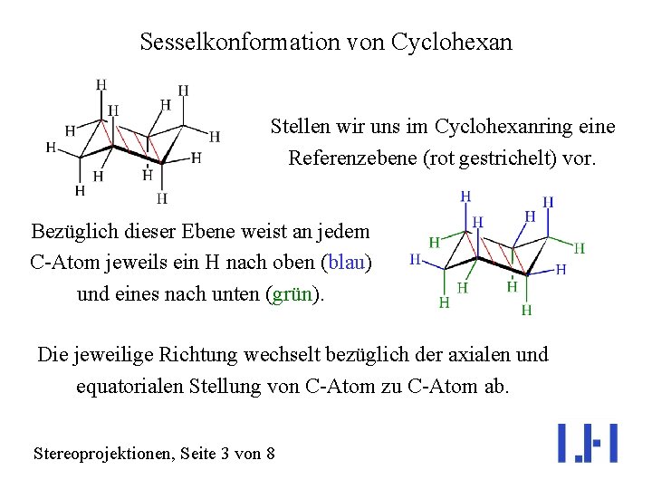 Sesselkonformation von Cyclohexan Stellen wir uns im Cyclohexanring eine Referenzebene (rot gestrichelt) vor. Bezüglich