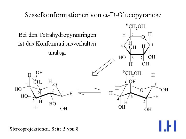 Sesselkonformationen von a-D-Glucopyranose Bei den Tetrahydropyranringen ist das Konformationsverhalten analog. Stereoprojektionen, Seite 5 von