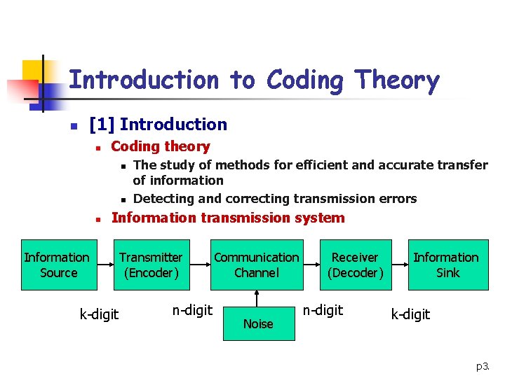 Introduction to Coding Theory n [1] Introduction n Coding theory n n n The