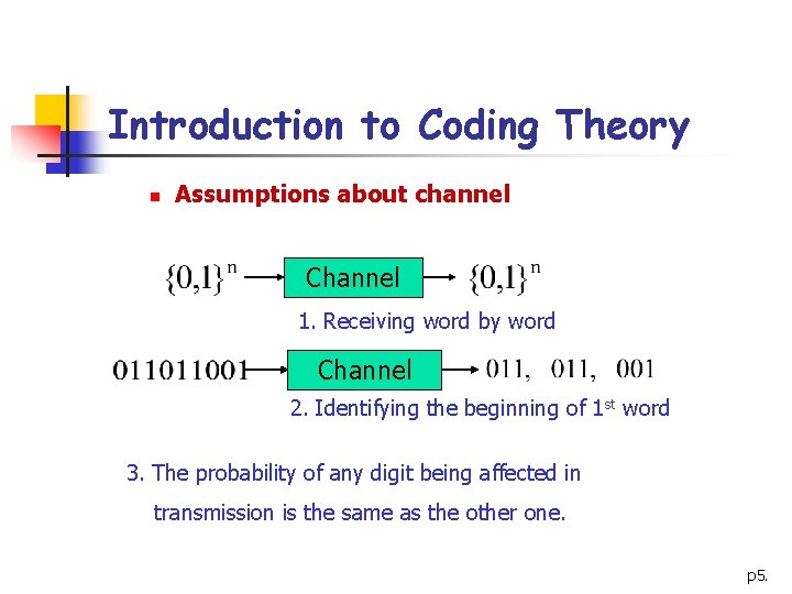 Introduction to Coding Theory n Assumptions about channel Channel 1. Receiving word by word