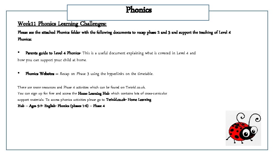 Week 11 Phonics Learning Challenges: Phonics Please see the attached Phonics folder with the