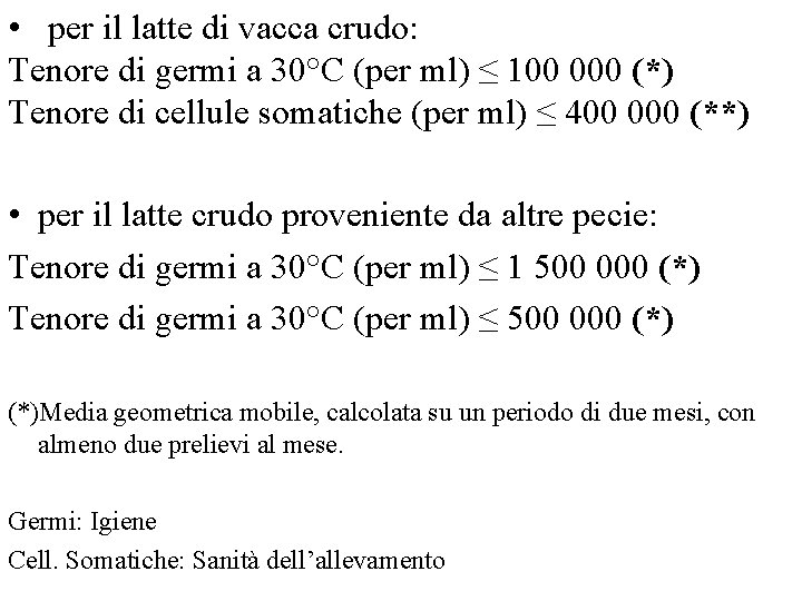  • per il latte di vacca crudo: Tenore di germi a 30°C (per