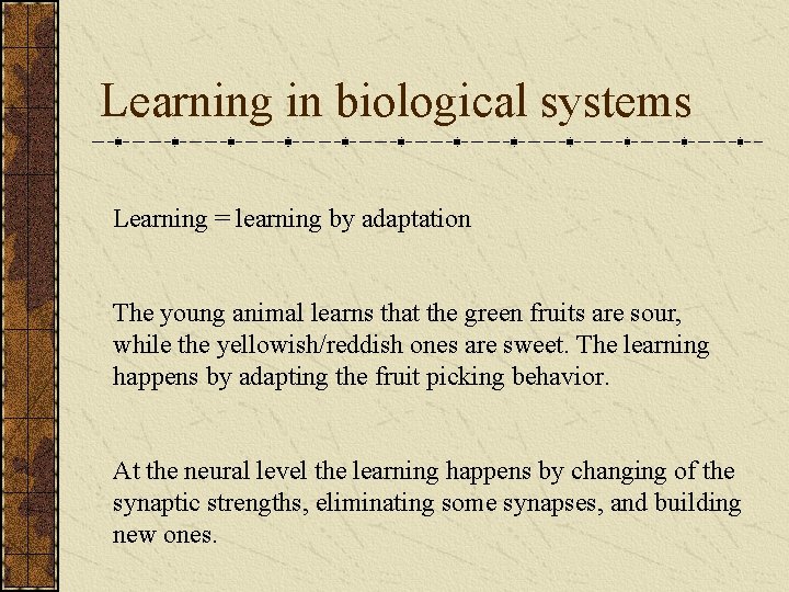 Learning in biological systems Learning = learning by adaptation The young animal learns that