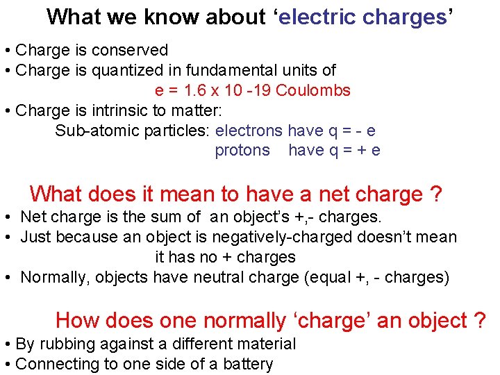What we know about ‘electric charges’ • Charge is conserved • Charge is quantized What we know about ‘electric charges’ • Charge is conserved • Charge is quantized