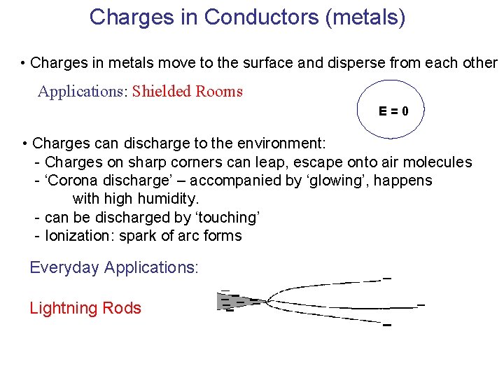 Charges in Conductors (metals) • Charges in metals move to the surface and disperse Charges in Conductors (metals) • Charges in metals move to the surface and disperse