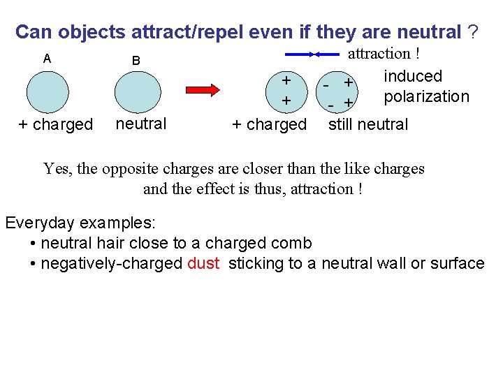 Can objects attract/repel even if they are neutral ? A + charged B neutral Can objects attract/repel even if they are neutral ? A + charged B neutral