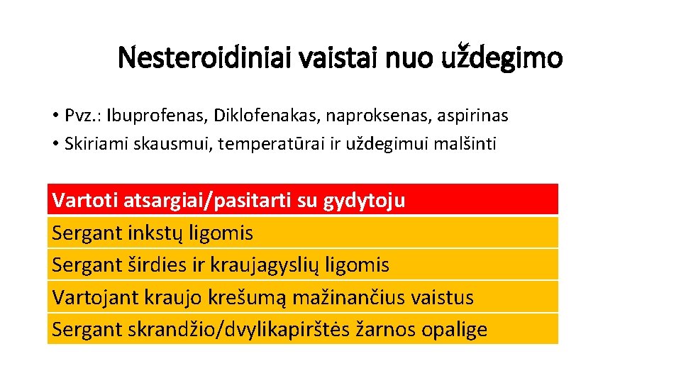 Nesteroidiniai vaistai nuo uždegimo • Pvz. : Ibuprofenas, Diklofenakas, naproksenas, aspirinas • Skiriami skausmui,