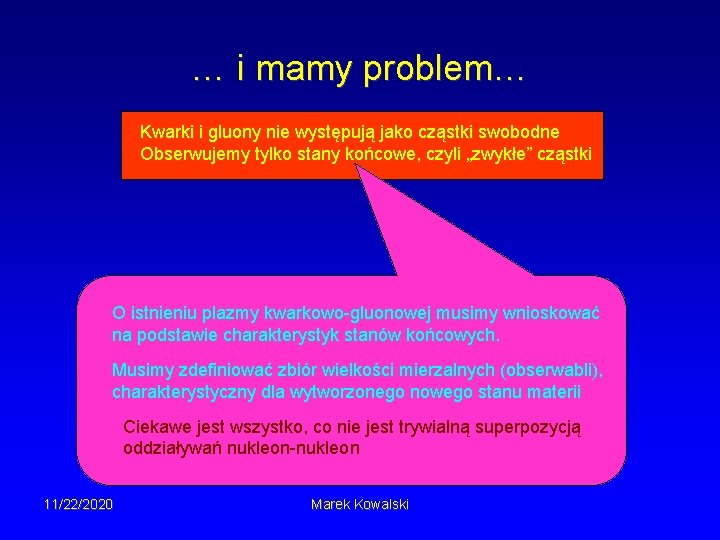 … i mamy problem… Kwarki i gluony nie występują jako cząstki swobodne Obserwujemy tylko