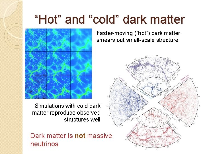 “Hot” and “cold” dark matter Faster-moving (“hot”) dark matter smears out small-scale structure Simulations “Hot” and “cold” dark matter Faster-moving (“hot”) dark matter smears out small-scale structure Simulations