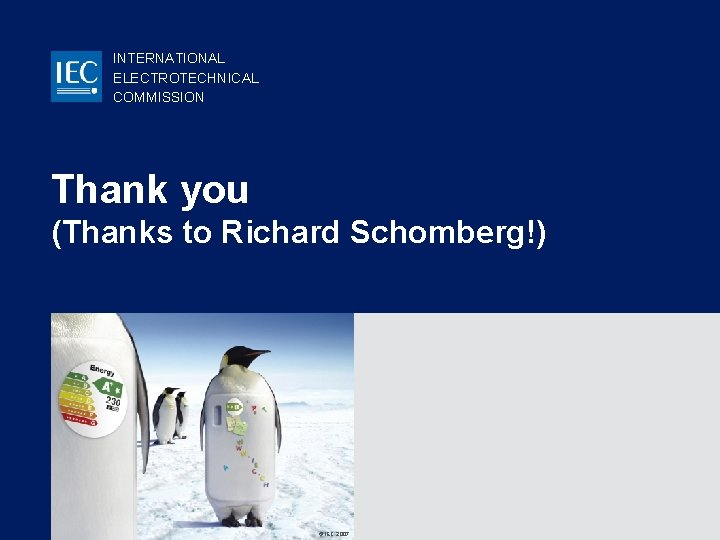 INTERNATIONAL ELECTROTECHNICAL COMMISSION Thank you (Thanks to Richard Schomberg!) © IEC: 2007 INTERNATIONAL ELECTROTECHNICAL COMMISSION Thank you (Thanks to Richard Schomberg!) © IEC: 2007