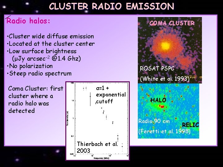 CLUSTER RADIO EMISSION Radio halos: COMA CLUSTER • Cluster wide diffuse emission • Located