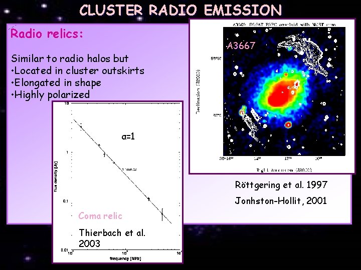 CLUSTER RADIO EMISSION Radio relics: Similar to radio halos but • Located in cluster