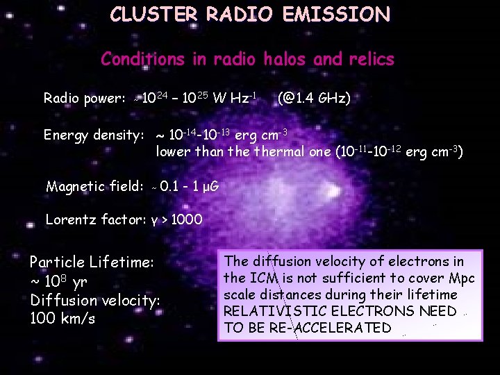 CLUSTER RADIO EMISSION Conditions in radio halos and relics Radio power: ˜ 1024 –