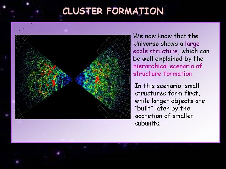 CLUSTER FORMATION We now know that the Universe shows a large scale structure, which