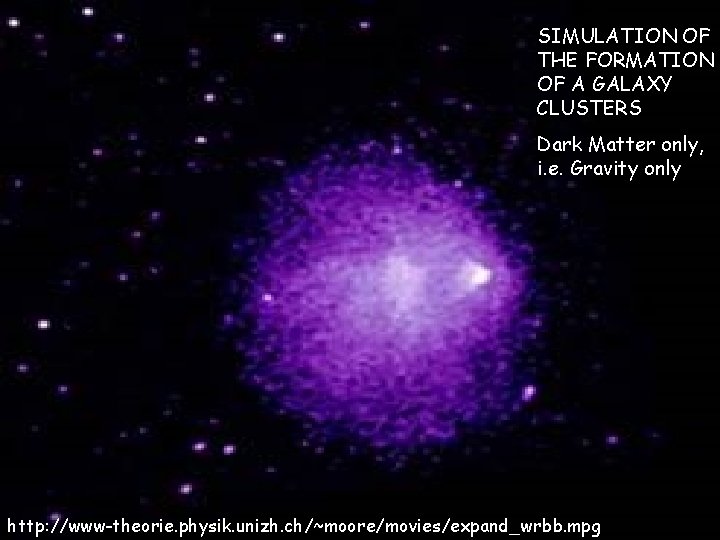 SIMULATION OF THE FORMATION OF A GALAXY CLUSTERS Dark Matter only, i. e. Gravity