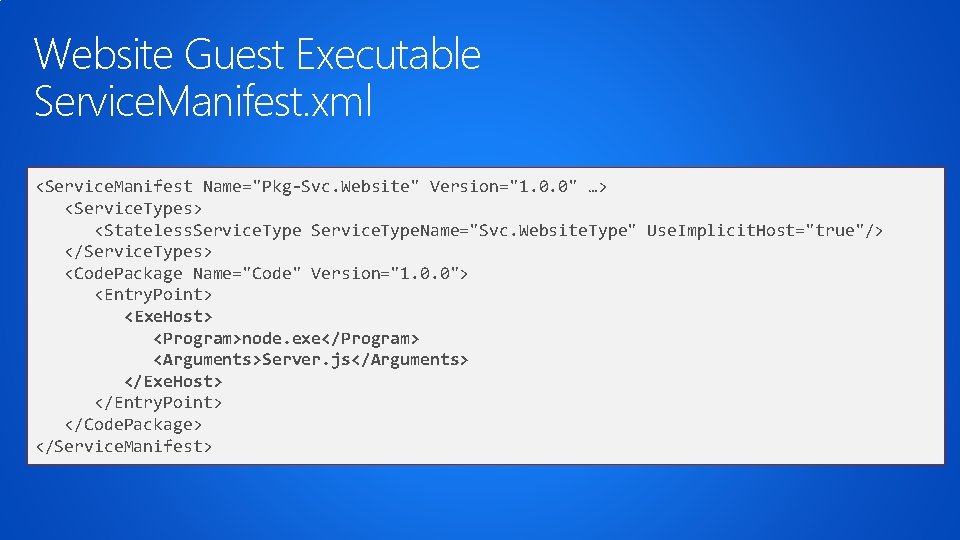 Website Guest Executable Service. Manifest. xml <Service. Manifest Name="Pkg-Svc. Website" Version="1. 0. 0" …>