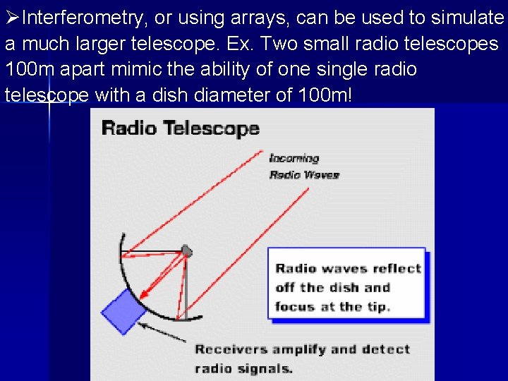 ØInterferometry, or using arrays, can be used to simulate a much larger telescope. Ex.