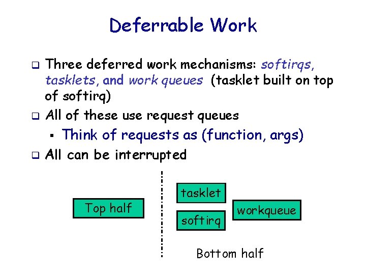 Deferrable Work q q Three deferred work mechanisms: softirqs, tasklets, and work queues (tasklet