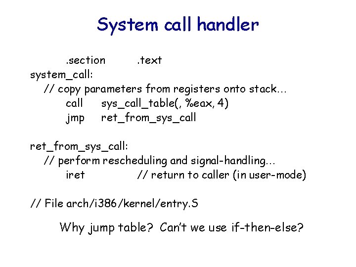 System call handler. section. text system_call: // copy parameters from registers onto stack… call