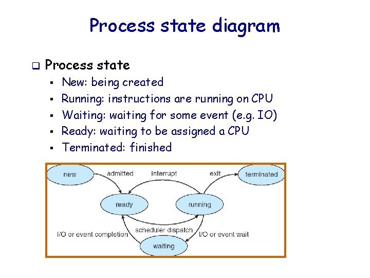 Process state diagram q Process state § § § New: being created Running: instructions