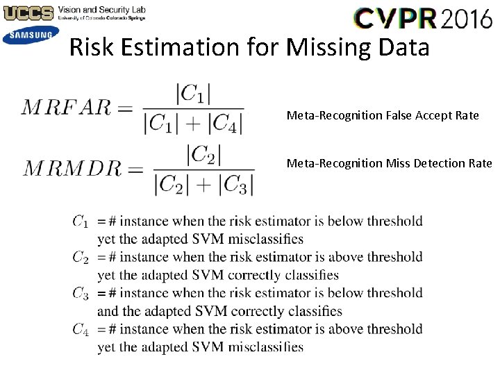 Risk Estimation for Missing Data Meta-Recognition False Accept Rate Meta-Recognition Miss Detection Rate 