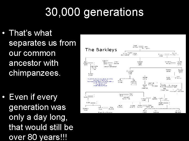 30, 000 generations • That’s what separates us from our common ancestor with chimpanzees.