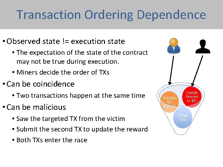 Transaction Ordering Dependence • Observed state != execution state • The expectation of the