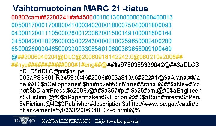 Vaihtomuotoinen MARC 21 -tietue 00802 cam##2200241#a#4500001001300000003000400013 0050017008004100034020001800075040001800093 043001200111050002600123082001500149100001800164 245004200182260003500224300002100259650002400280 65000260030465000330856010600363856009100469 @##2006040204@DLC@20060918142242. 0@060210 s 2006##