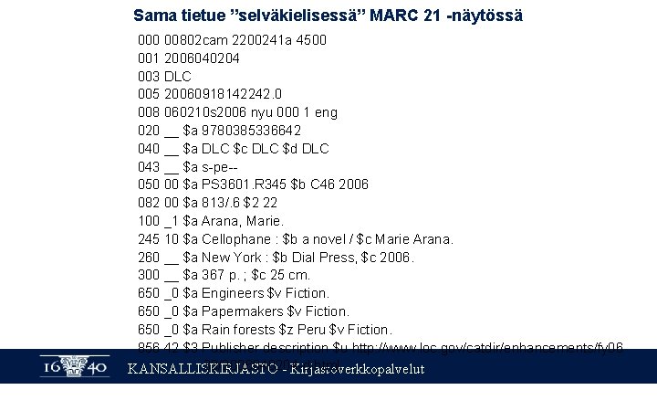 Sama tietue ”selväkielisessä” MARC 21 -näytössä 000 00802 cam 2200241 a 4500 001 2006040204