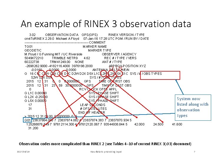 An example of RINEX 3 observation data 3. 02 OBSERVATION DATA GPS(GPS) RINEX VERSION