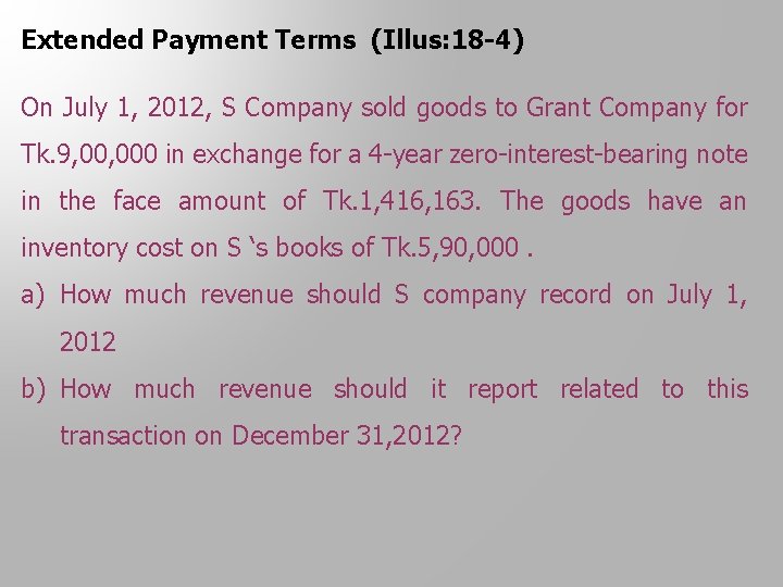 Extended Payment Terms (Illus: 18 -4) On July 1, 2012, S Company sold goods
