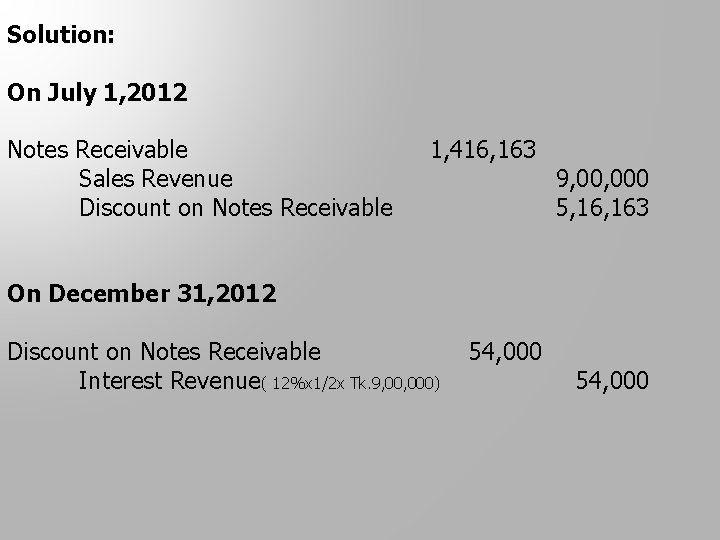 Solution: On July 1, 2012 Notes Receivable Sales Revenue Discount on Notes Receivable 1,
