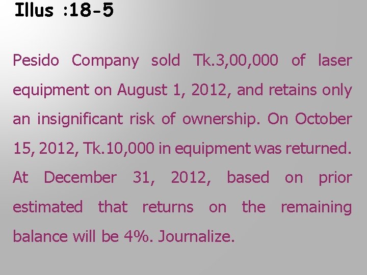 Illus : 18 -5 Pesido Company sold Tk. 3, 000 of laser equipment on