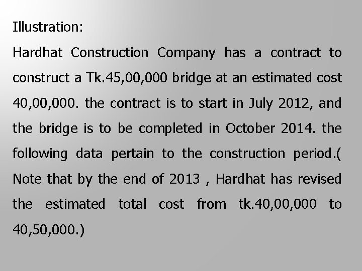Illustration: Hardhat Construction Company has a contract to construct a Tk. 45, 000 bridge