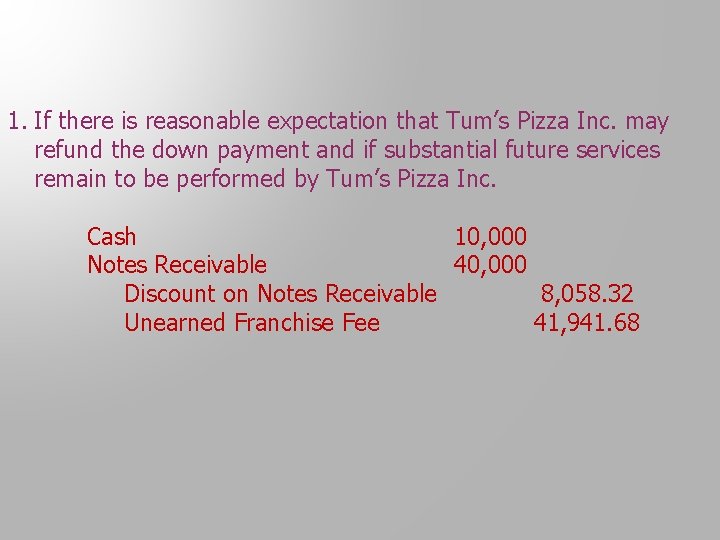 1. If there is reasonable expectation that Tum’s Pizza Inc. may refund the down