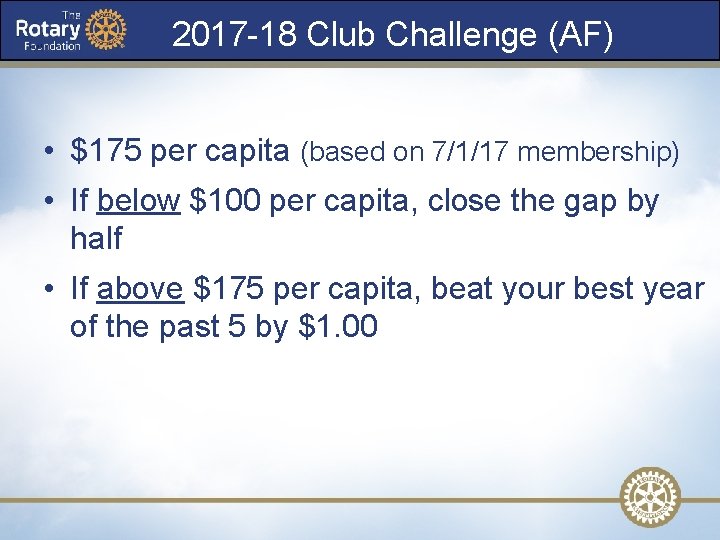 2017 -18 Club Challenge (AF) • $175 per capita (based on 7/1/17 membership) •