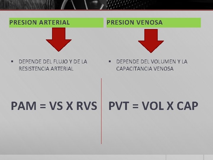 PRESION ARTERIAL PRESION VENOSA § DEPENDE DEL FLUJO Y DE LA RESISTENCIA ARTERIAL §