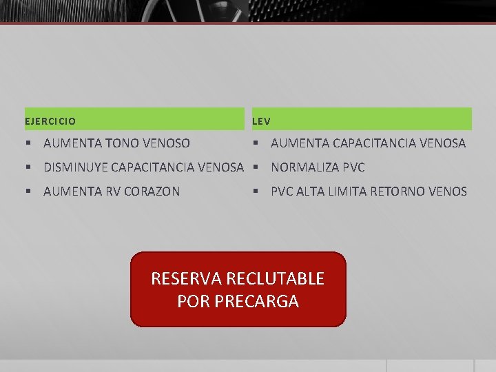 EJERCICIO LEV § AUMENTA TONO VENOSO § AUMENTA CAPACITANCIA VENOSA § DISMINUYE CAPACITANCIA VENOSA