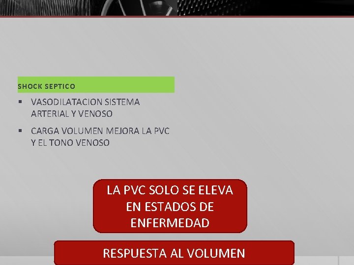 SHOCK SEPTICO § VASODILATACION SISTEMA ARTERIAL Y VENOSO § CARGA VOLUMEN MEJORA LA PVC