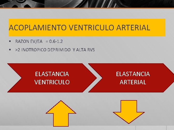 ACOPLAMIENTO VENTRICULO ARTERIAL § RAZON EV/EA = 0. 6 -1. 2 § >2 INOTROPICO