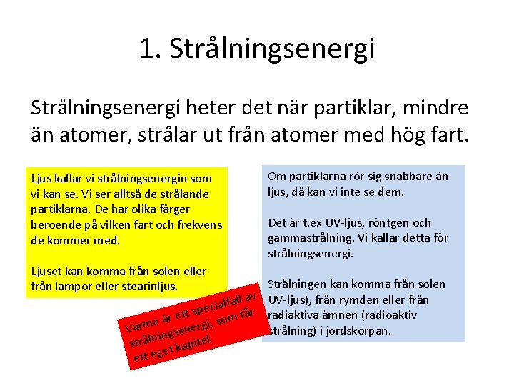 1. Strålningsenergi heter det när partiklar, mindre än atomer, strålar ut från atomer med