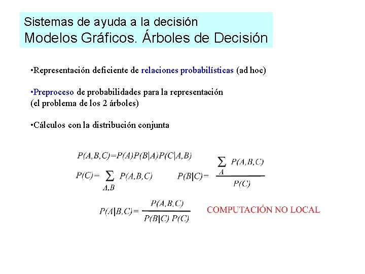 Sistemas de ayuda a la decisión Modelos Gráficos. Árboles de Decisión • Representación deficiente