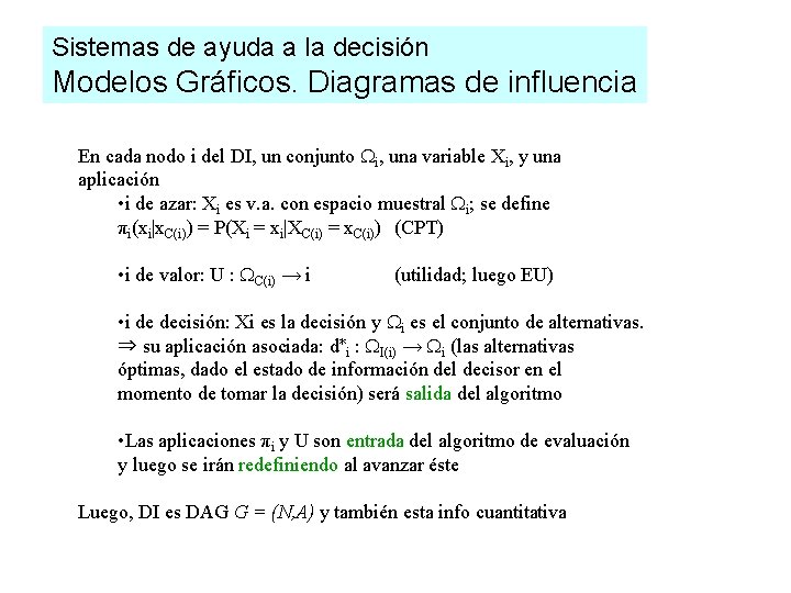 Sistemas de ayuda a la decisión Modelos Gráficos. Diagramas de influencia En cada nodo