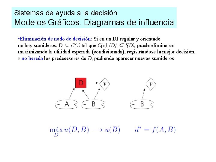 Sistemas de ayuda a la decisión Modelos Gráficos. Diagramas de influencia • Eliminación de Sistemas de ayuda a la decisión Modelos Gráficos. Diagramas de influencia • Eliminación de
