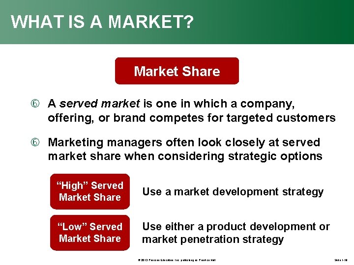 WHAT IS A MARKET? Market Share A served market is one in which a