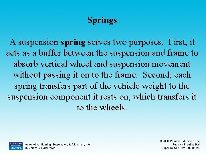 Springs A suspension spring serves two purposes. First, it acts as a buffer between